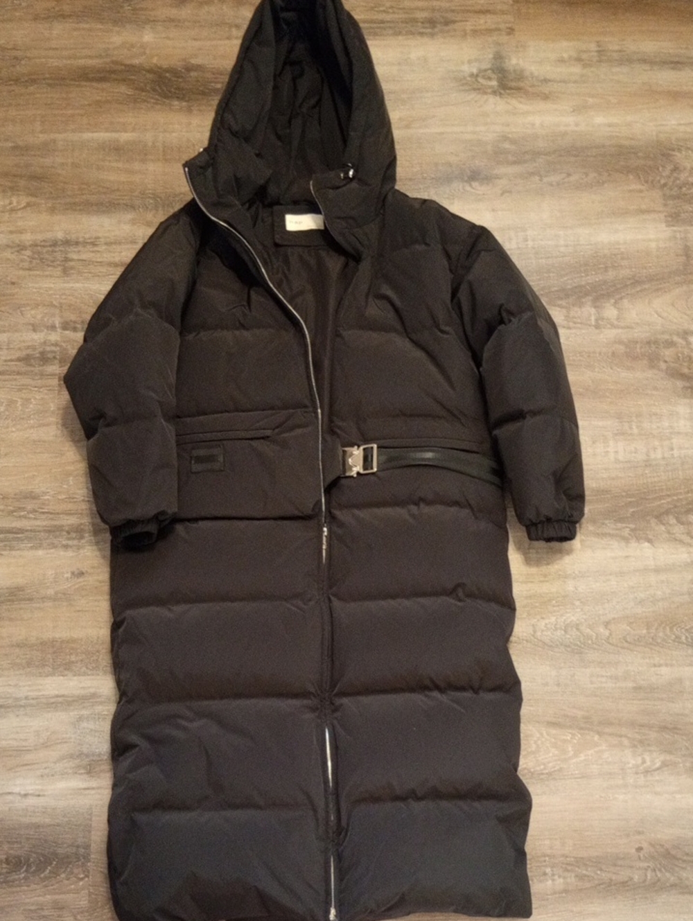 NWT Nap Maxi Quilted Black Hooded Puffer Coat Belted Waist Size Large